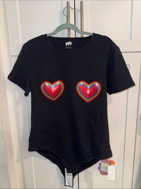 YITTY Black Bodysuit with Rainbow Heart Sequin Appliqués